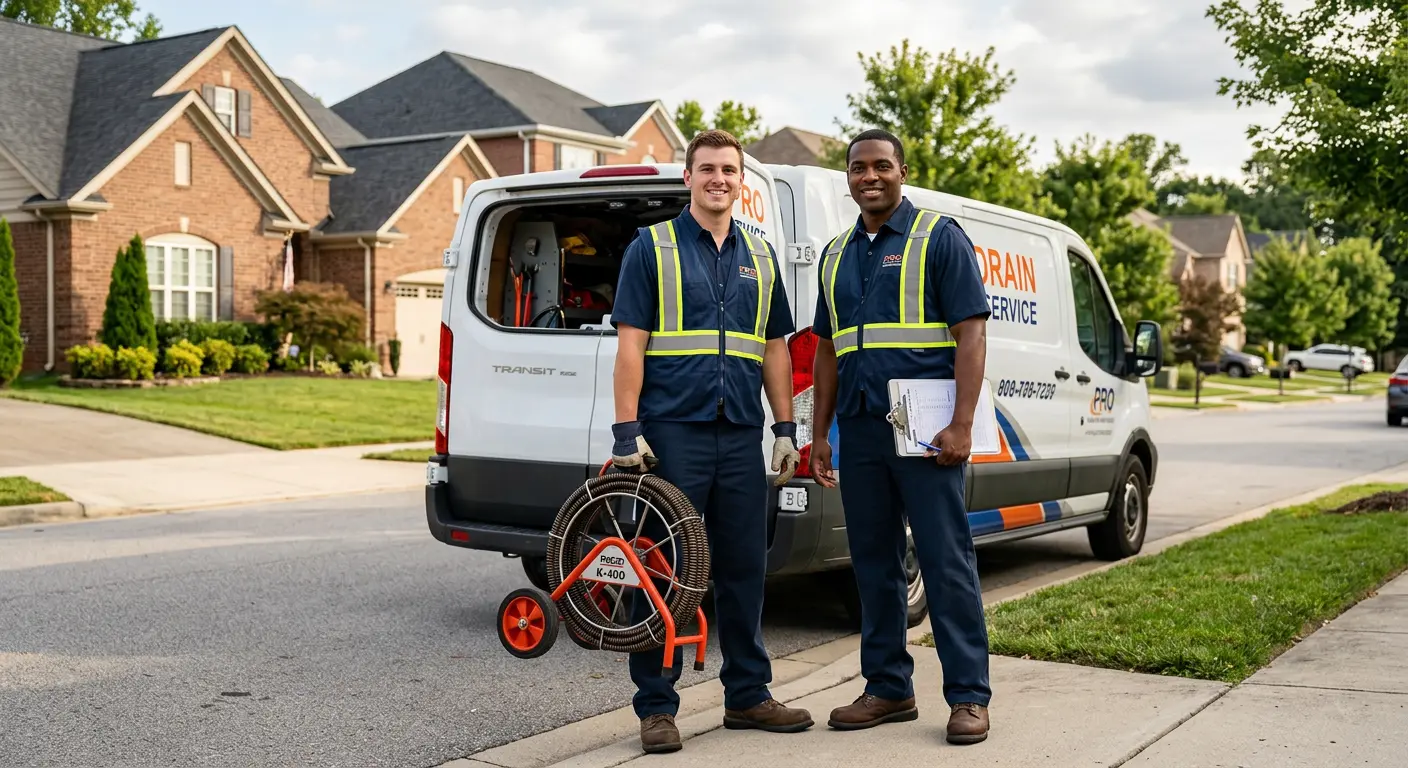 Sewer and drain service team with equipment ready for work in Jennings
