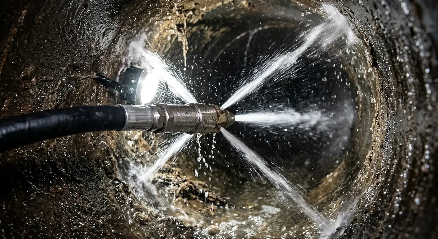 High-pressure hydro jetting nozzle cleaning sewer pipe for Emergency Drain Service in Jennings