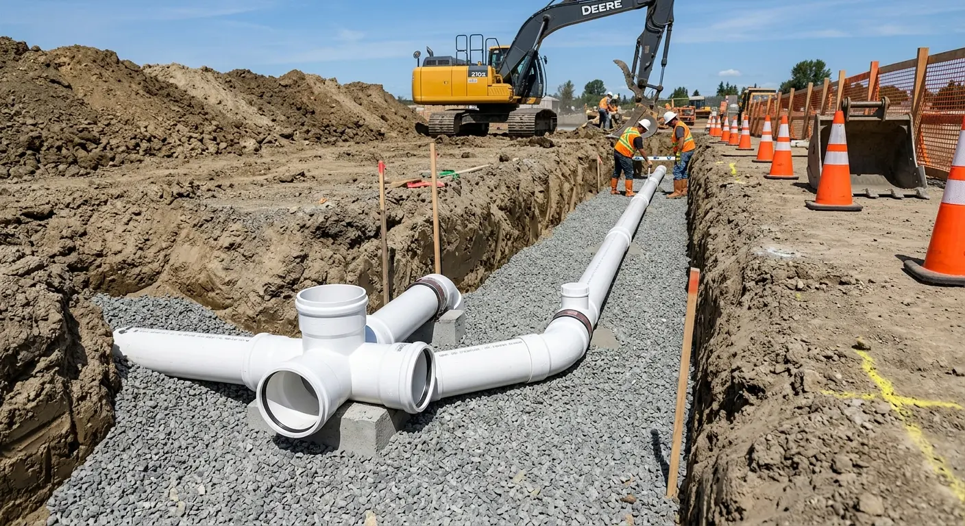 New PVC sewer pipe installation in open trench for Commercial Drain Cleaning in Jennings