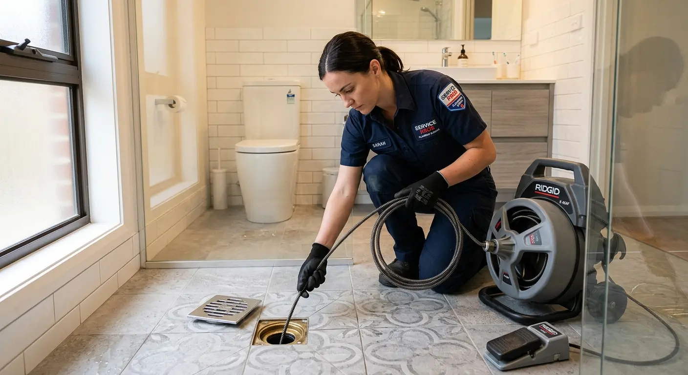 Technician clearing a bathroom floor drain for Clogged Drain Repair in Jennings